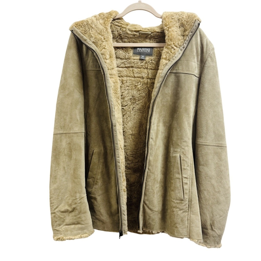 Wilsons Leather Suede Hooded Jacket Tan Camel Faux Shearling Lined Womens Medium
